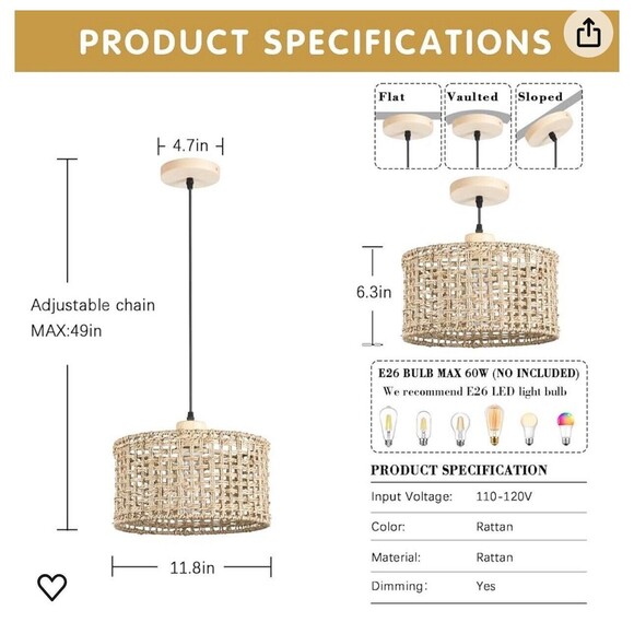 Hanging Ceiling Light Fixture 11.8”  Hand Woven Rattan Pendant Lamp Pendant NEW - Picture 6 of 7